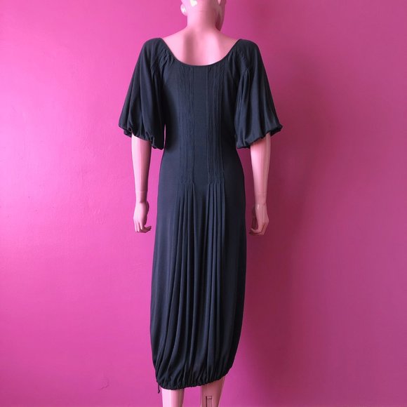 Max Azria 00s S Midi Dress Navy Blue Jersey Pin Tuck Woven Ribbon Drawstring Hem - Picture 8 of 13